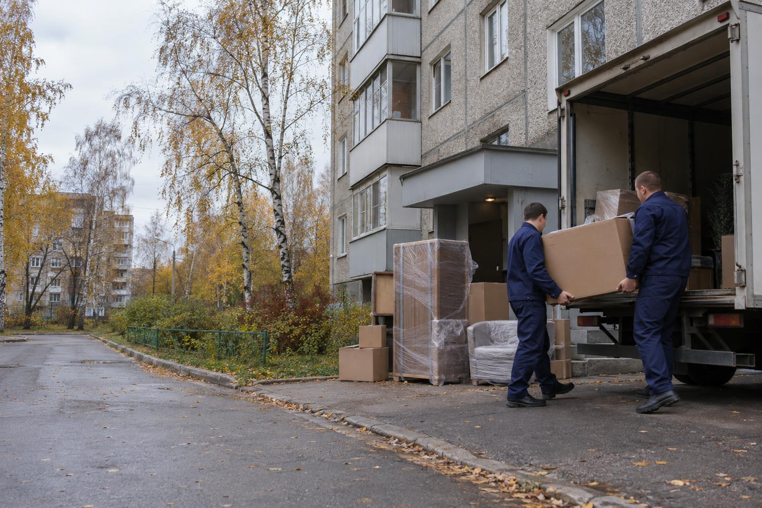 Грузчики выносят коробки и мебель из подъезда к грузовику